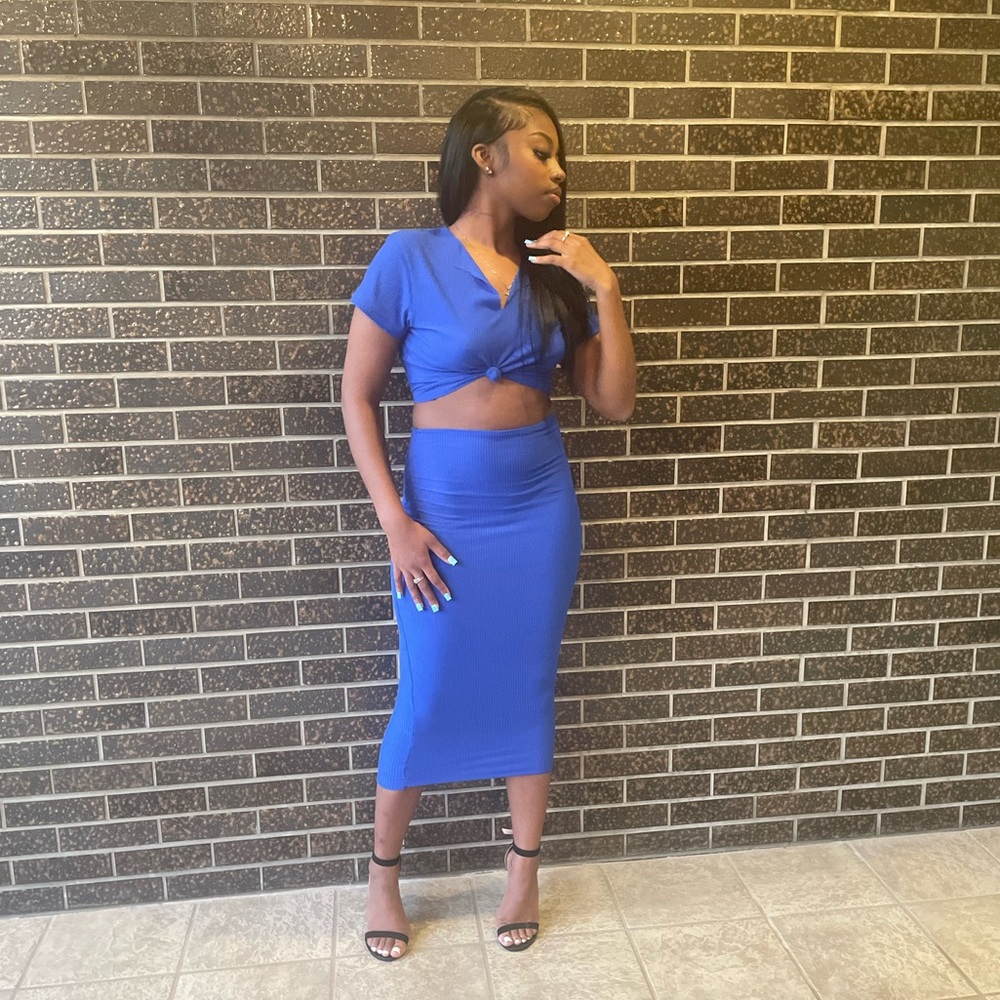 Ribbed Blue Skirt Set